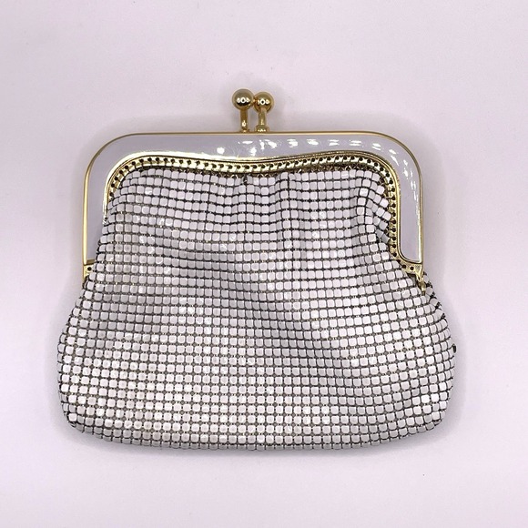Vintage GLOMESH‎ Double Section Divided Coin Purse Pouch White and Gold c1980s